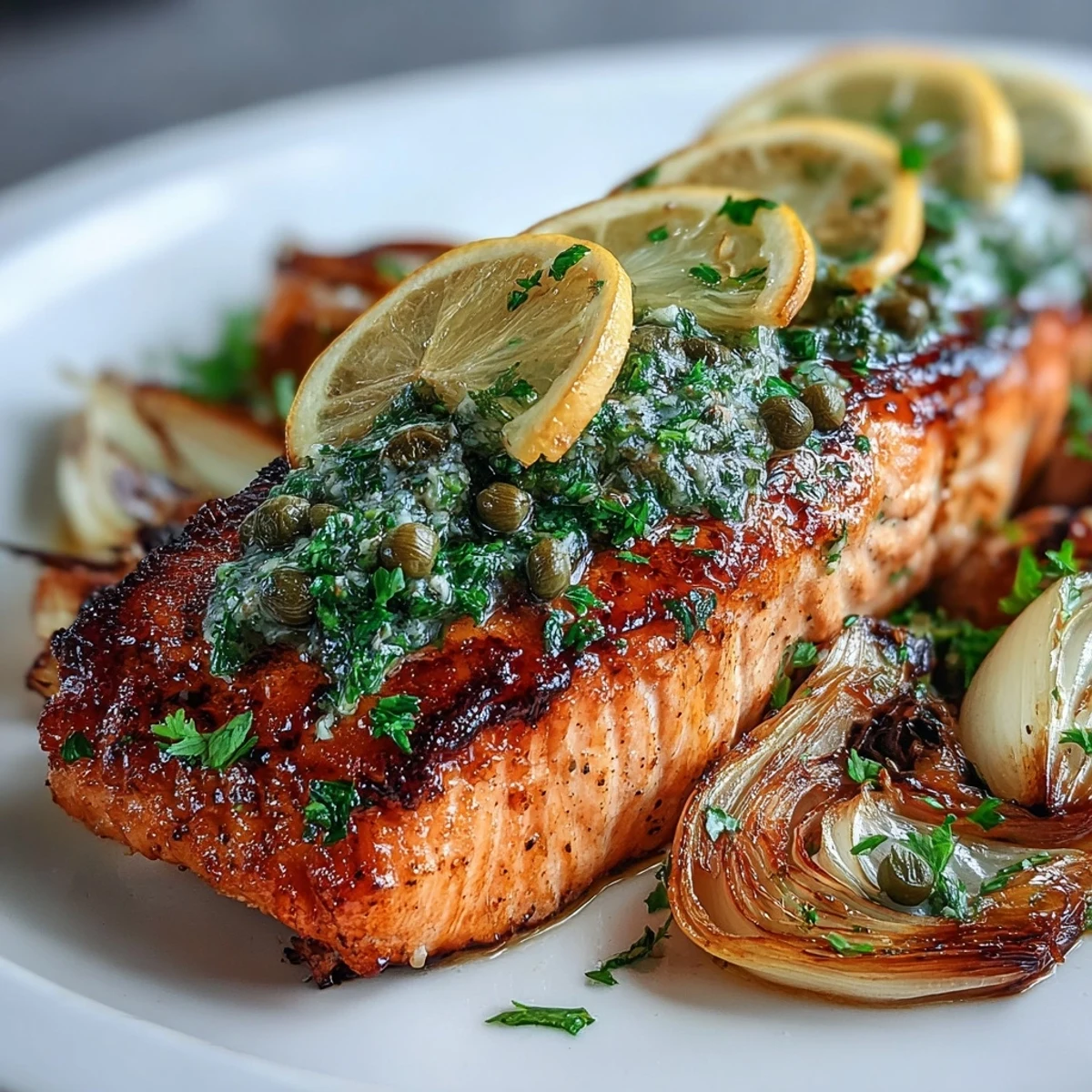 Flaky, roasted salmon fillets glazed with zesty parsley dressing and nestled beside tender leeks and onions on a single sheet pan.