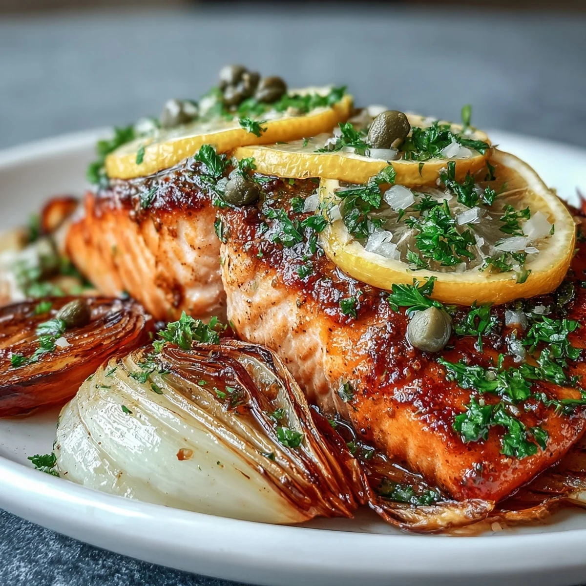 Fresh parsley dressing drizzled over oven-roasted salmon with caramelized leeks and onions, creating a gluten-free, flavor-packed main dish perfect for family dinners.