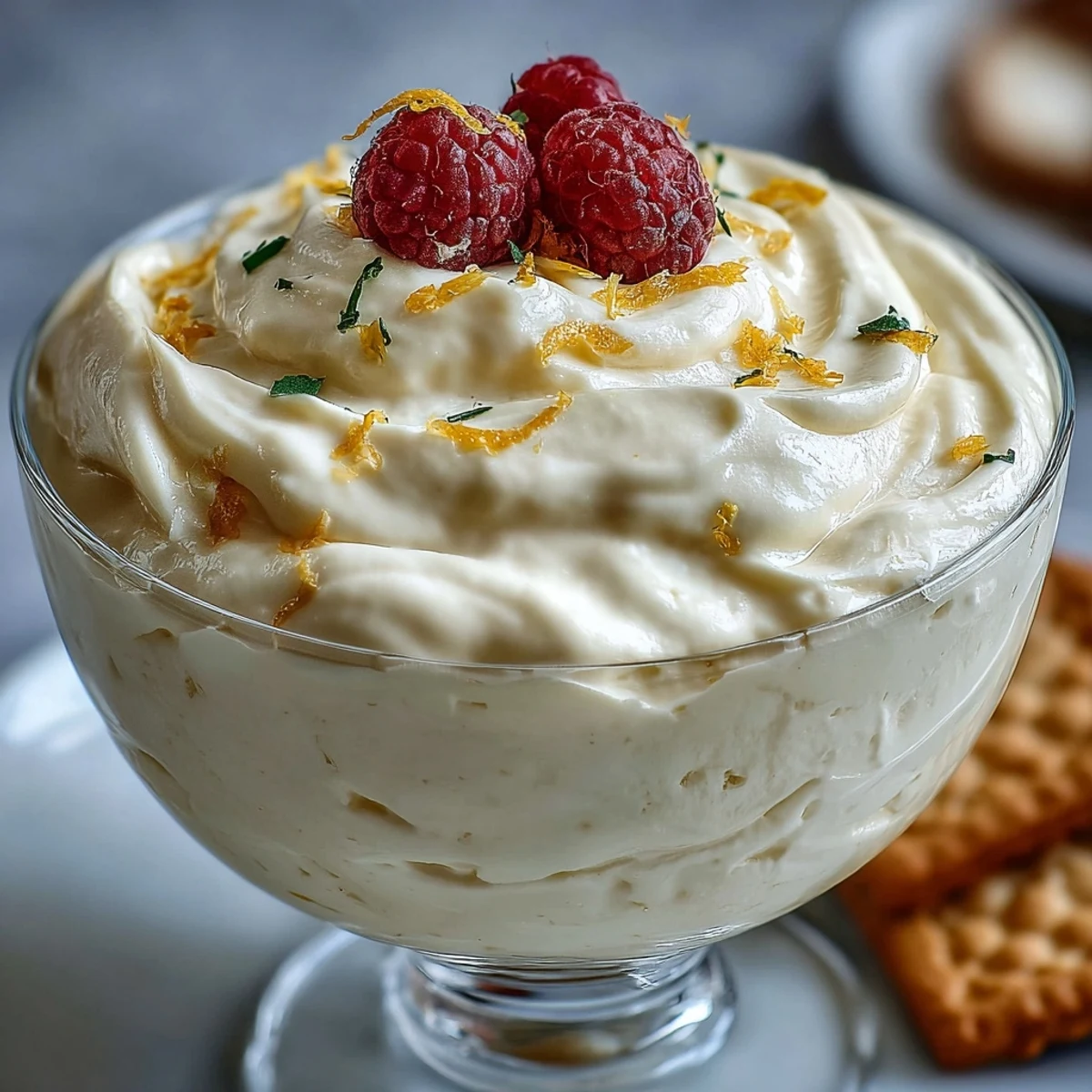 Creamy lemon fool dessert served in clear glasses with fresh berries and a shortbread biscuit garnish.  