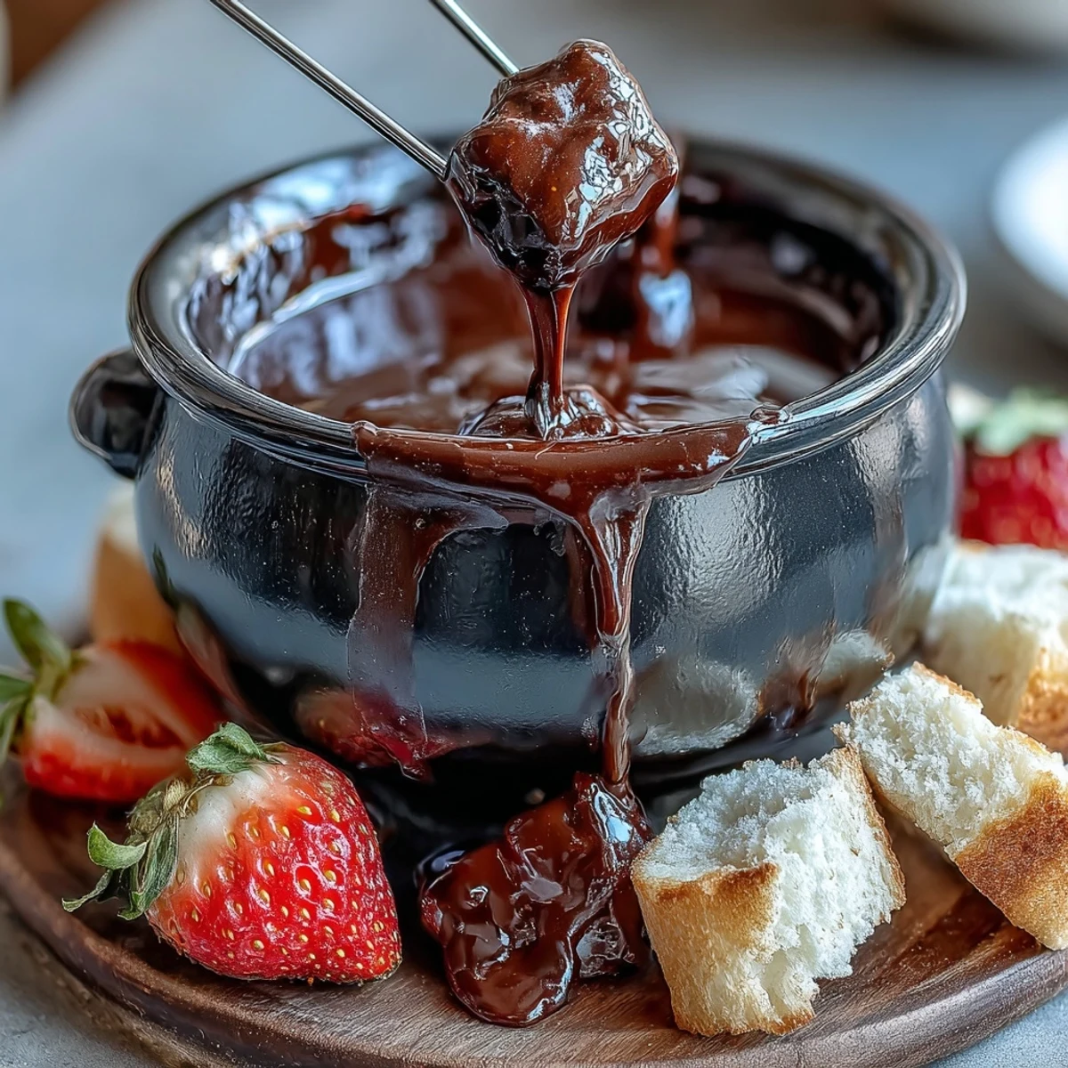 Rich, glossy Boozy Chocolate Fondue bubbles gently in a ceramic pot, ready for dipping bananas, cake, and marshmallows at a cozy gathering.
