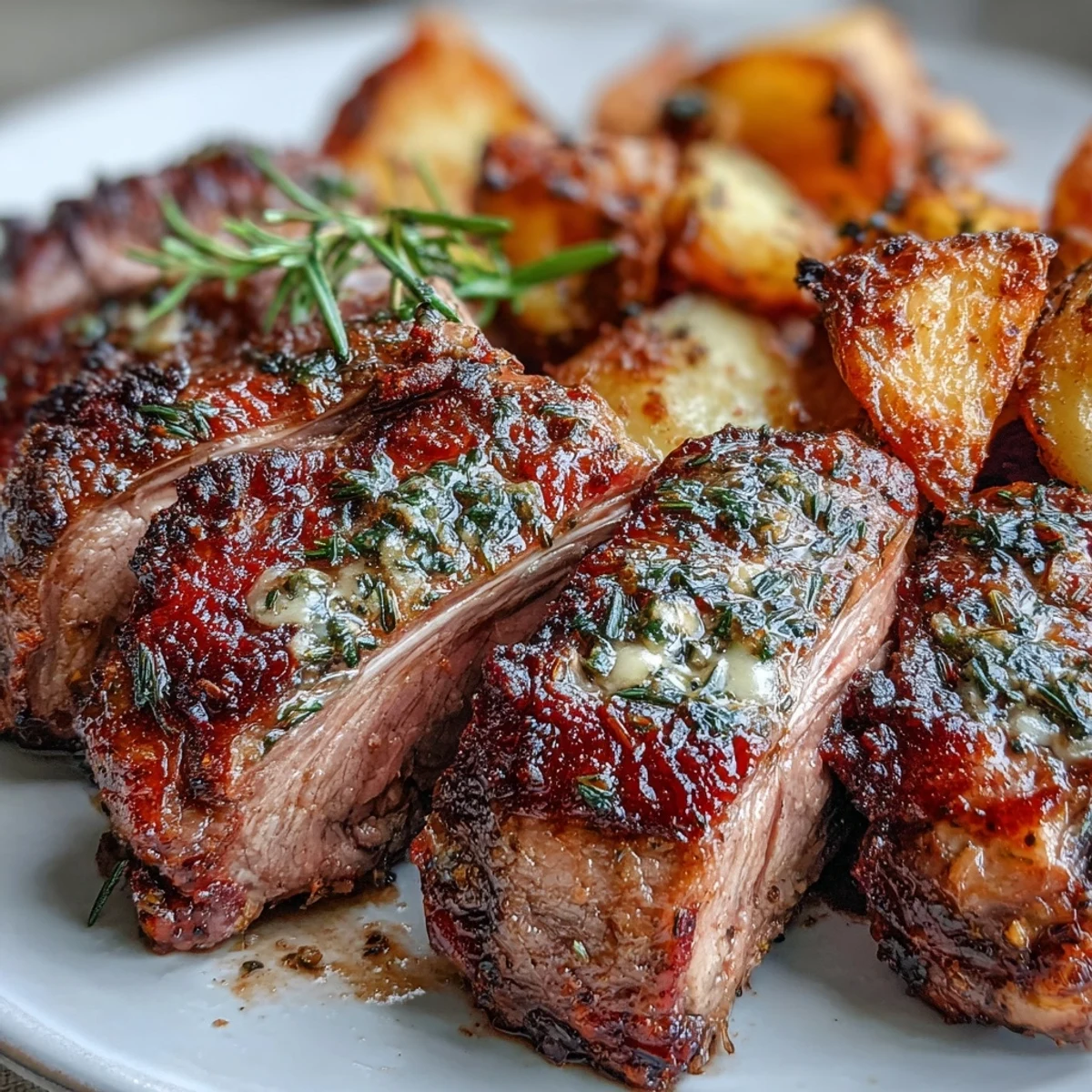 A close-up of the One-Pan Roast Rack of Lamb, showcasing juicy, herb-crusted chops and golden potatoes with green olives.