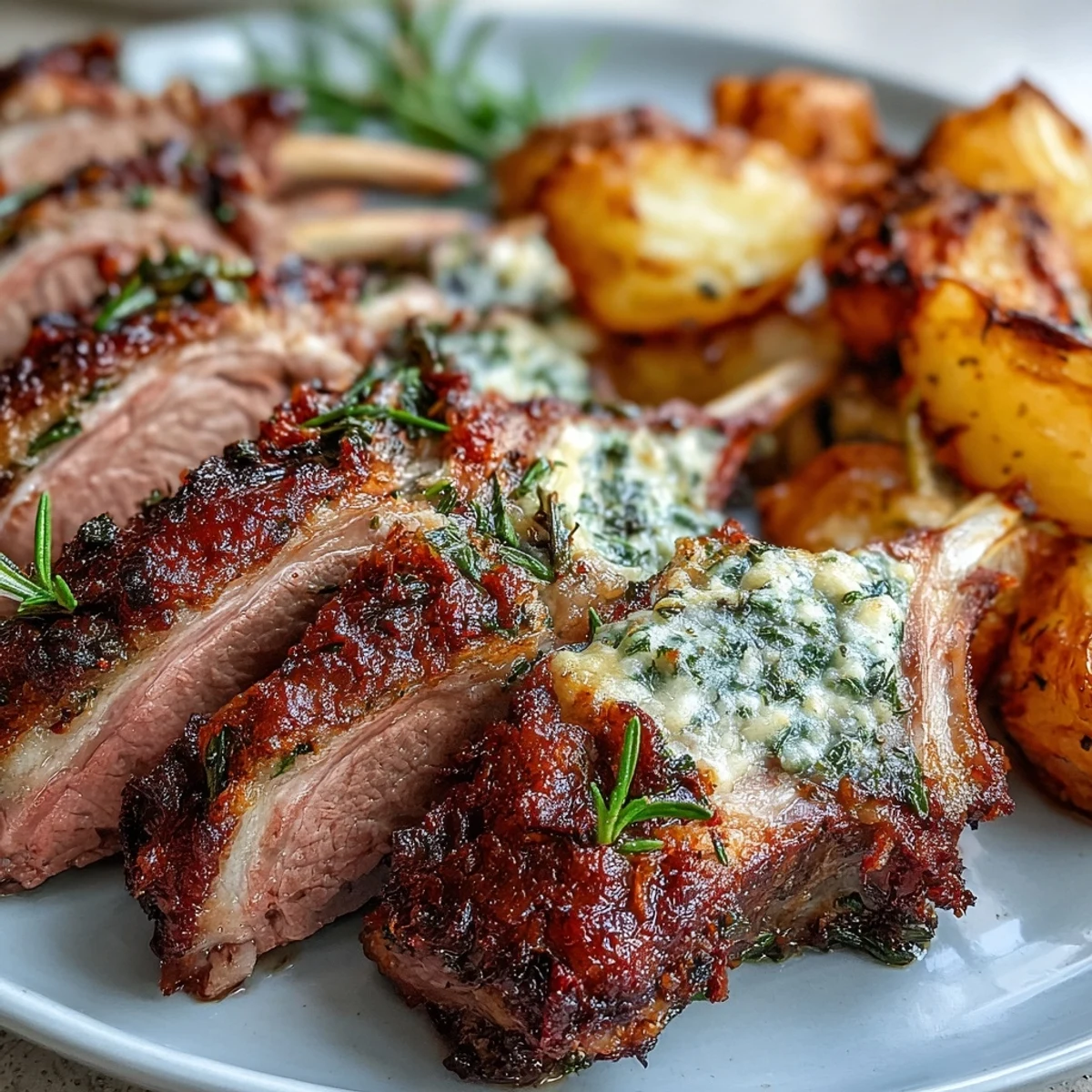 The One-Pan Roast Rack of Lamb rests beside crispy potatoes studded with green olives, steam rising from the tender meat.