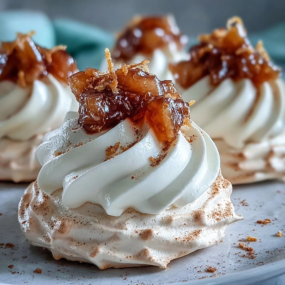 Mini Hot Toddy Pavlovas garnished with cinnamon and lemon zest, ready to serve with tea.