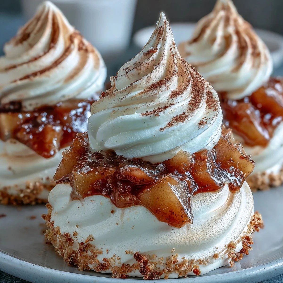 A close-up of Mini Hot Toddy Pavlovas topped with silky cream and warm, fragrant poached pears.