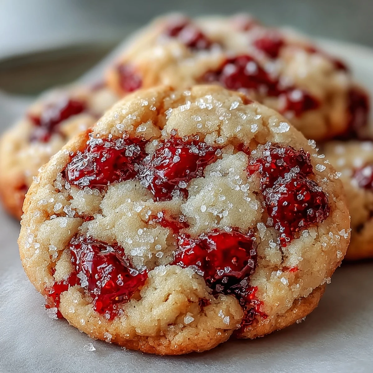 A close-up of Soft Chewy Raspberry Sugar Cookies shows cracked edges and juicy red raspberries in golden baked dough.
