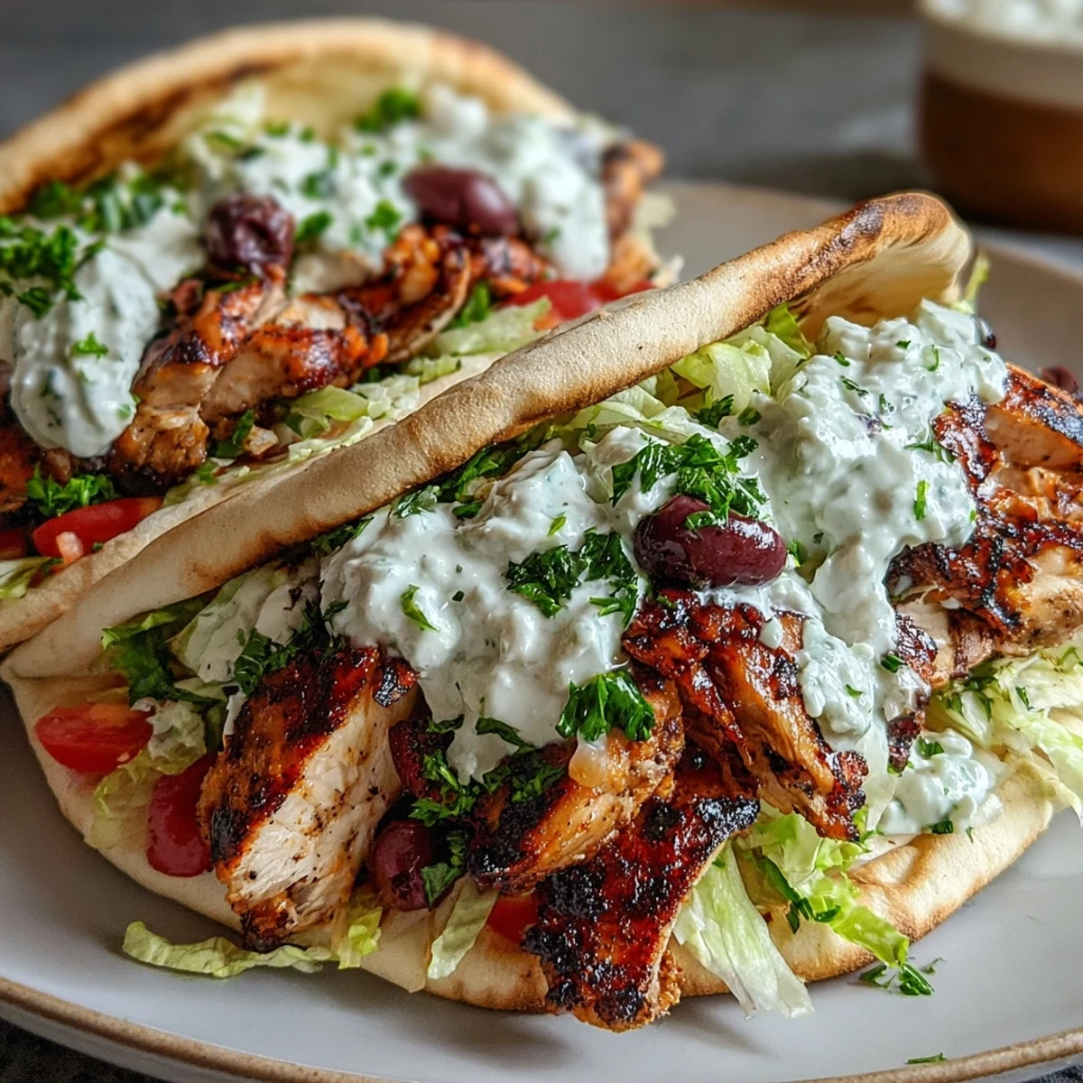 Golden charred strips of Mediterranean Chicken Gyros rest on warm pita with creamy feta tzatziki, diced tomatoes, and red onion for a fresh dinner.