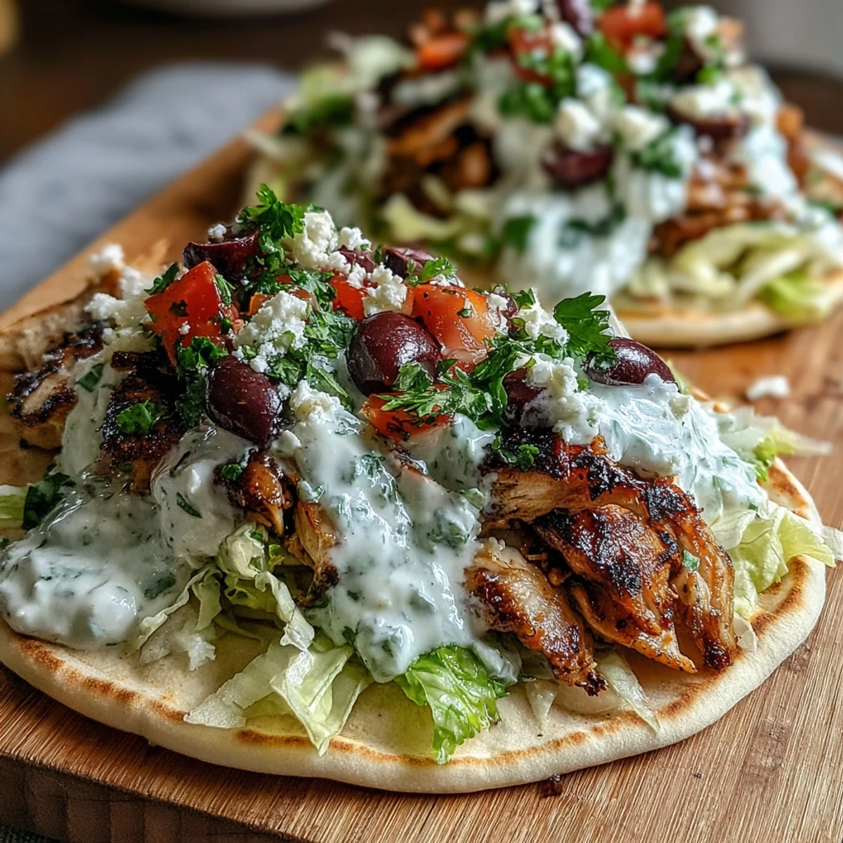 Freshly made Mediterranean Chicken Gyros filled with juicy grilled chicken, crisp lettuce, Kalamata olives, and a generous drizzle of cool, tangy feta tzatziki sauce.