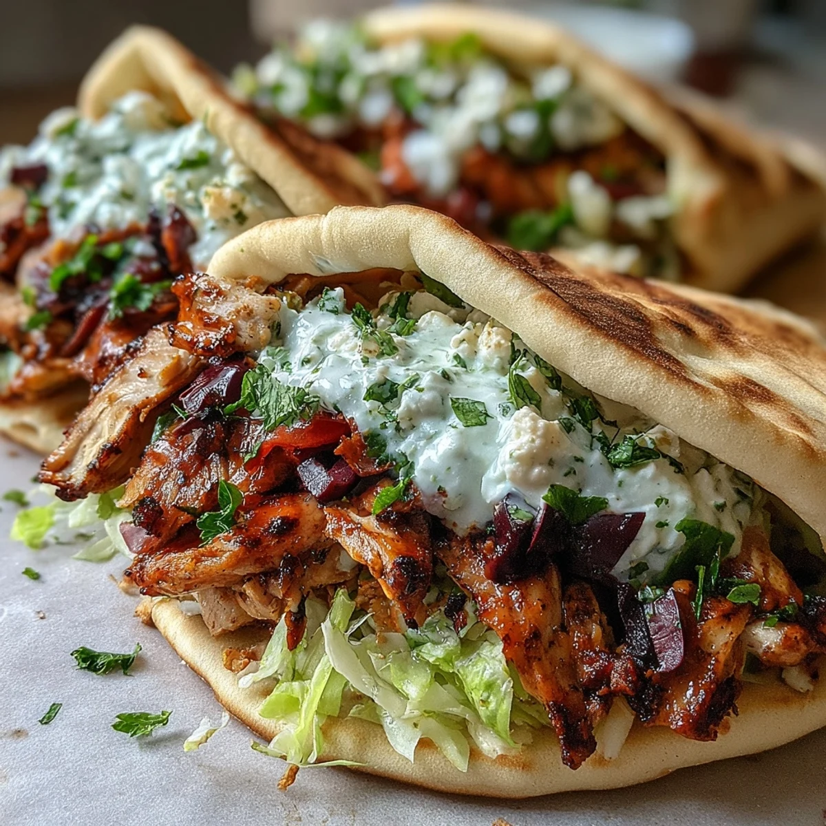 Sizzling Mediterranean Chicken Gyros topped with vibrant diced tomatoes and onions, served alongside a bowl of creamy feta tzatziki and bright lemon wedges.