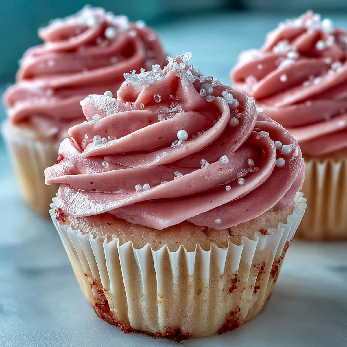Freshly baked Pink Velvet Cupcakes with vanilla buttercream frosting on a cooling rack.