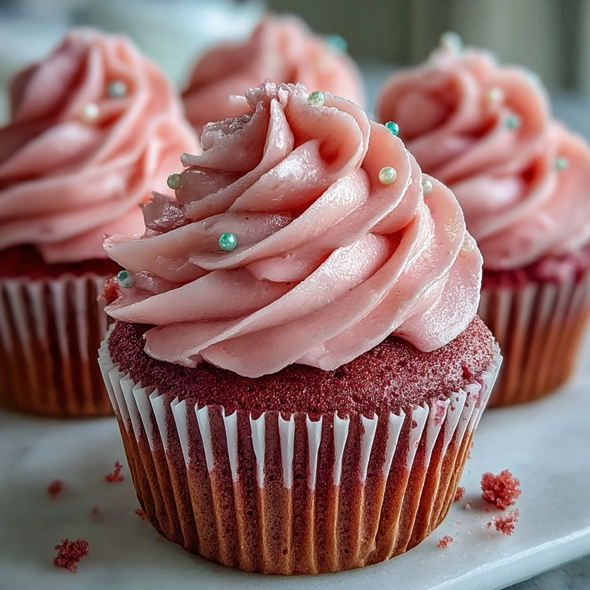 Pink Velvet Cupcakes decorated with sprinkles and ready for a festive party dessert spread.