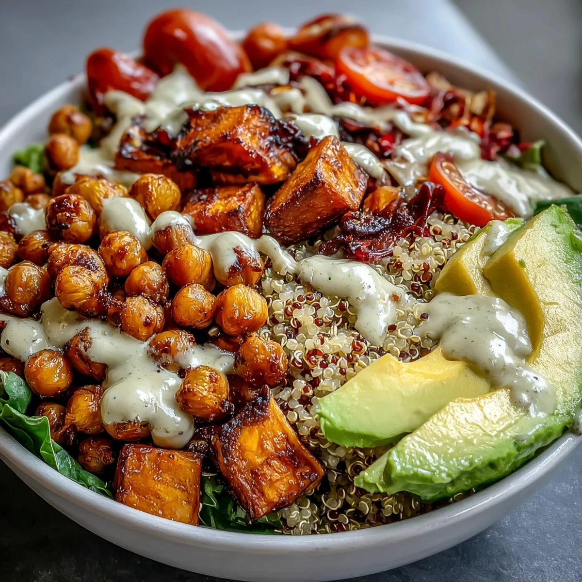 A vibrant Buddha Bowl with quinoa, roasted sweet potatoes, crispy chickpeas, fresh veggies, and creamy garlic tahini dressing.