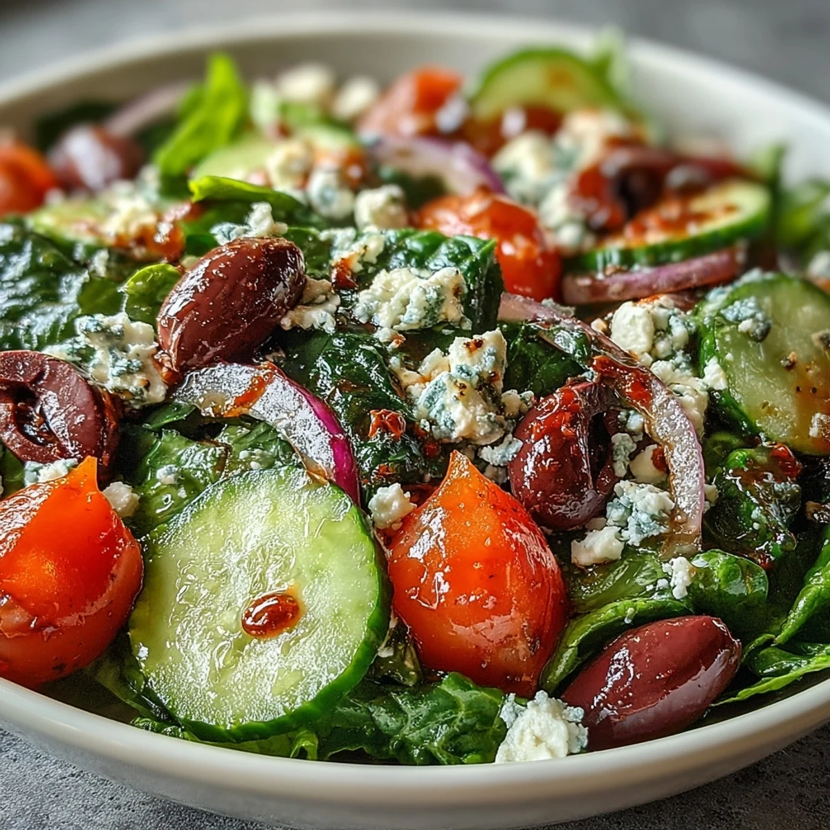 This Mediterranean-inspired Greek Salad Bowl showcases juicy tomatoes, crisp veggies, and crumbled feta on a bed of chopped romaine.