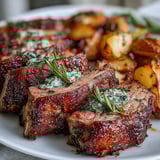 Freshly roasted One-Pan Rack of Lamb and Green Olive Potatoes served on a rustic plate, garnished with rosemary and lemon zest.