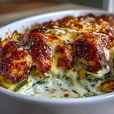 Creamy Greek yogurt blend tops crisp zucchini and chicken in a savory gluten-free dinner.