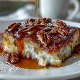 Easy pancake casserole with maple syrup drizzle, topped with crunchy pecans for a sweet, nutty flavor.