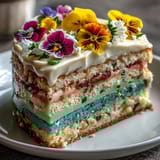 Delicate multi-layer cake with soft pastel gradient and fresh edible flowers on top.  