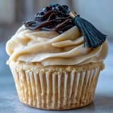 Golden buttercream swirls adorn these celebratory vanilla cupcakes, each crowned with a handcrafted black and gold fondant graduation cap.  