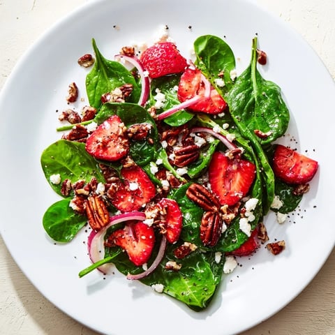 Fresh strawberry spinach salad bursting with color, topped with candied pecans and poppy seed dressing.