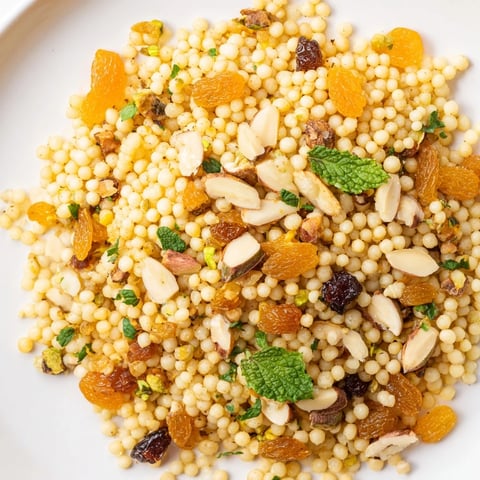 A close-up of fluffy couscous pilaf studded with chopped apricots, golden raisins, and pistachios, garnished with fresh parsley and lemon wedges.