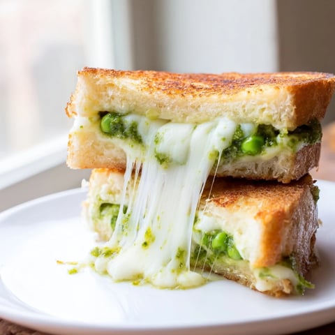 Golden, crispy sourdough slices are stuffed with melty mozzarella and bright green spring pea pesto in this easy vegetarian sandwich.