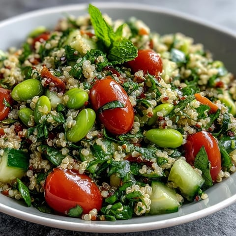 A vibrant Edamame and Quinoa Salad served in a white bowl, featuring red tomatoes, green cucumber, and fresh herbs for a refreshing meal.