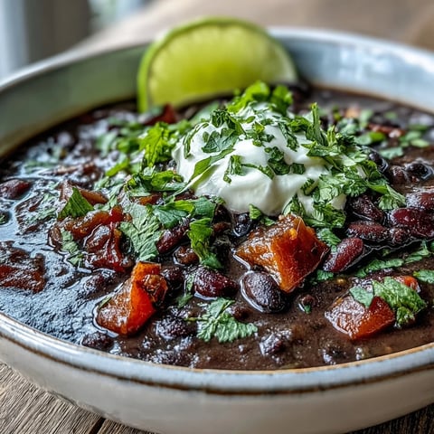 A steaming bowl of creamy black bean soup topped with avocado, cilantro, and a lime wedge, perfect for a cozy vegetarian meal.  