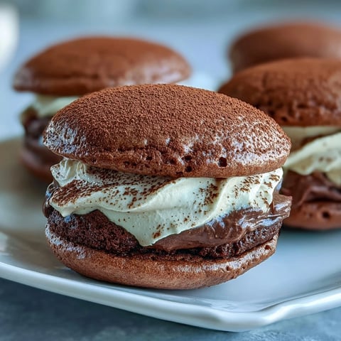 Decadent Tiramisu Whoopie Pies feature soft chocolate cookies with creamy espresso mascarpone filling.