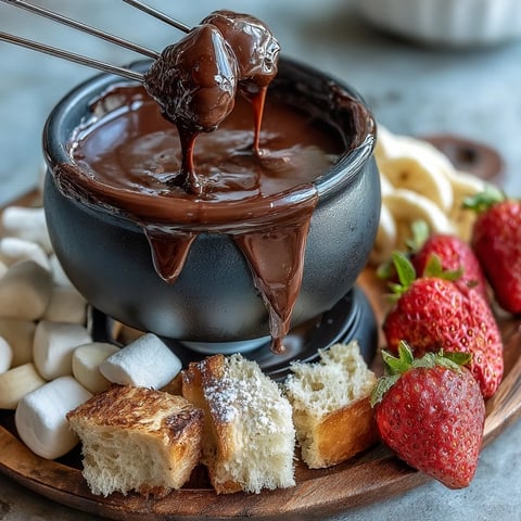 A close-up of Boozy Chocolate Fondue in a fondue pot, with warm chocolate dripping from a strawberry and a cube of pound cake.