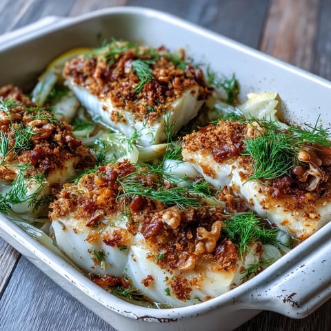 Golden baked halibut fillets topped with a crunchy lemon and walnut pangrattato, served on a bed of roasted fennel for a vibrant main dish.  