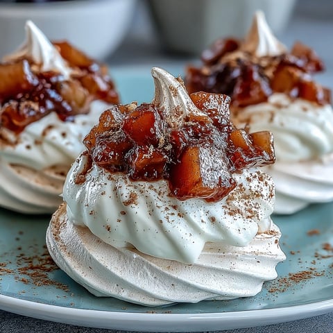 Crisp Mini Hot Toddy Pavlovas with whipped cream and whisky-spiced pears, served on a dessert plate.