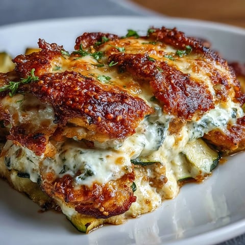 Golden-seared chicken and zucchini slices layered under bubbly mozzarella in a high-protein bake.