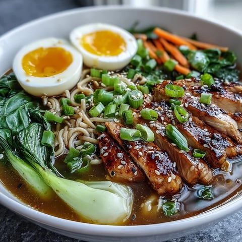 Overhead view of Healthy Miso Chicken Noodle Bowls featuring tender chicken, soba noodles, and vibrant veggies.