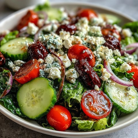 A vibrant Greek Salad Bowl features crisp romaine, creamy feta, and briny Kalamata olives tossed in a zesty vinaigrette.