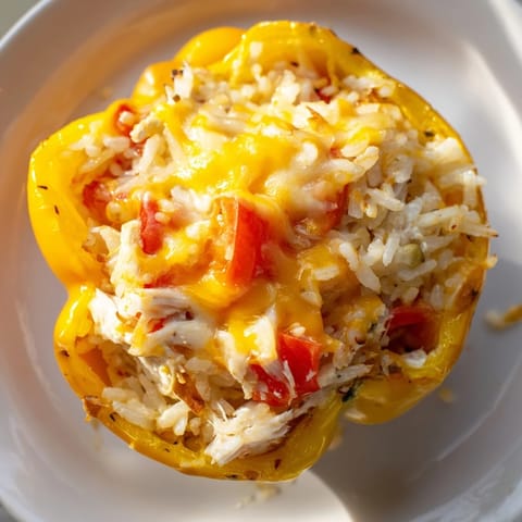 Cheesy Chicken Stuffed Peppers, baked in a dish, showing savory filling and melted cheddar cheese topping.