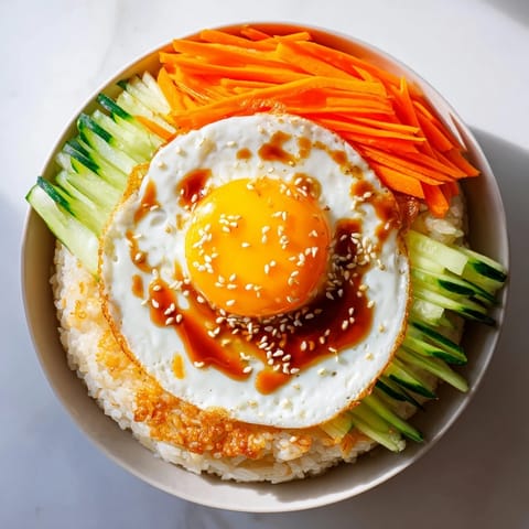 This delicious crispy egg rice bowl shows a tempting plate of golden, crunchy rice and vibrant toppings.