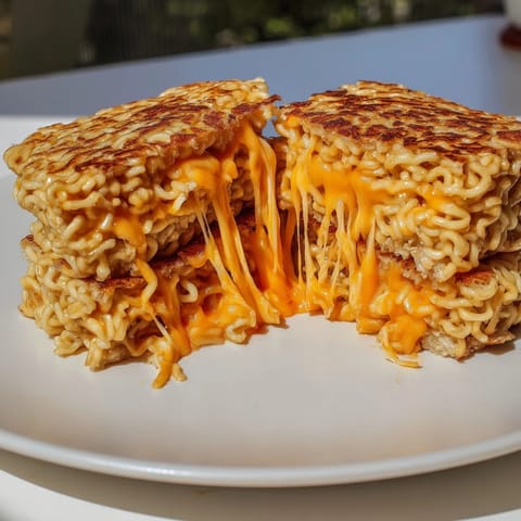 Gooey, cheesy center nestled in crunchy ramen patties: this Instant Ramen Grilled Cheese is a lunch winner.