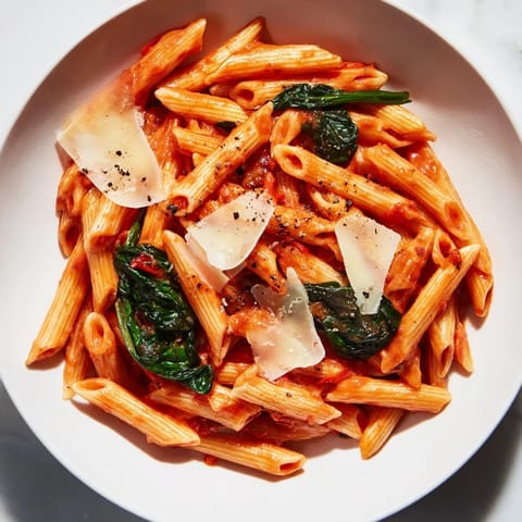 Delicious Quick Marinara Pasta with Spinach recipe, served with fresh basil and a sprinkle of Parmesan cheese.