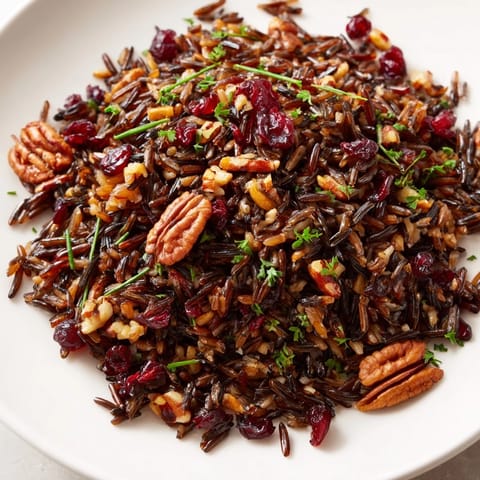 This Wild Rice Harvest Salad is served in a white ceramic bowl, showcasing its vibrant colors and textures.  