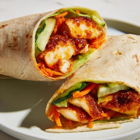 Golden-brown honey chili chicken nestled in a soft flour tortilla with crisp lettuce and fresh cucumber slices.  