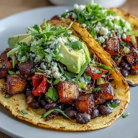 A close-up of Black Bean and Sweet Potato Tacos topped with avocado, red cabbage, and fresh cilantro on a rustic table.