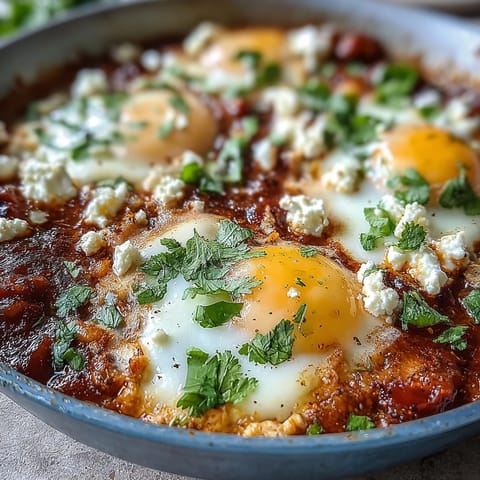 Savory shakshuka is served in a rustic cast-iron pan, accompanied by crusty bread for dipping into the rich, spiced tomato and pepper sauce.
