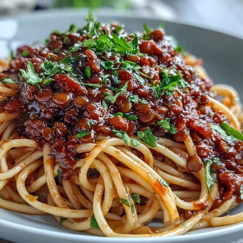 A bowl of steaming Lentil Bolognese tossed with spaghetti, topped with fresh basil and grated Parmesan.