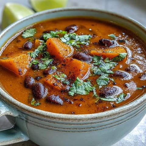 Close-up of Sweet Potato and Black Bean Soup in a white bowl, topped with creamy avocado slices and a lime wedge.