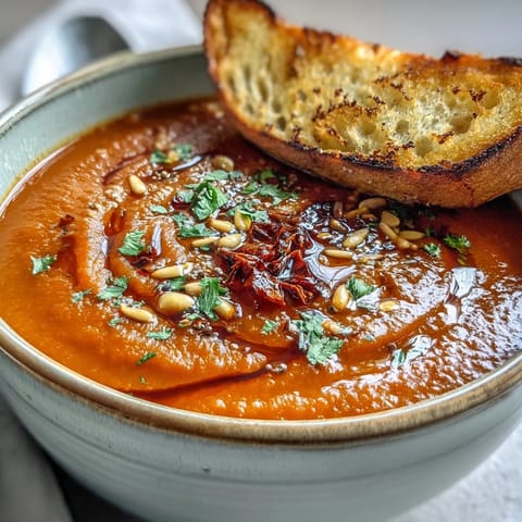 Roasted vegetable soup in a rustic bowl, topped with crunchy croutons and served alongside warm bread.