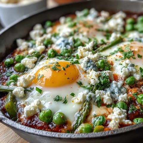 Sunny-side-up eggs nestle in the hearty Pea and Broad Bean Shakshuka, surrounded by asparagus and peas in a spiced tomato sauce.