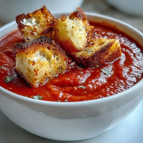 Roasted red pepper soup served with crispy croutons and a swirl of cream.  