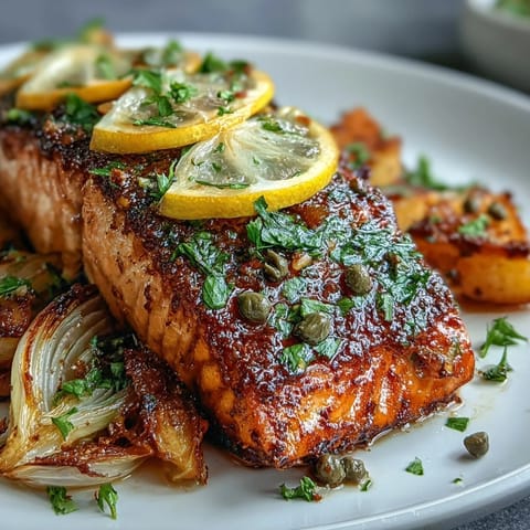 Golden-brown roasted leeks and onions frame pan-seared salmon, topped with a bright, herbaceous parsley dressing for a vibrant, easy weeknight meal.