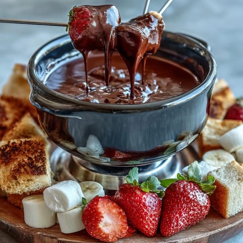 A rustic wooden platter displays Boozy Chocolate Fondue surrounded by fresh apple wedges, strawberries, marshmallows, and pretzel sticks for dipping.