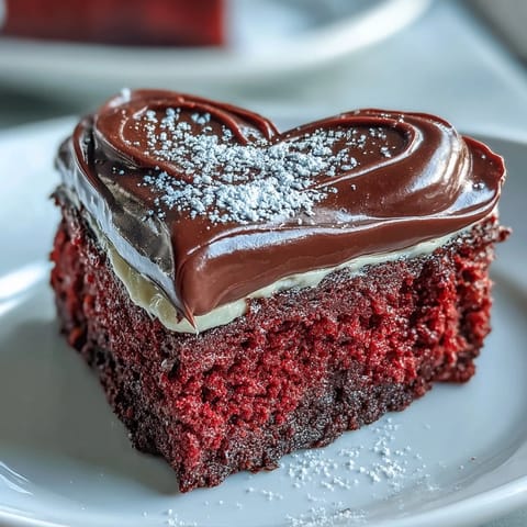 A finished Red Betty Boop Heart Cake shows a glossy dark chocolate silhouette on smooth, bright red velvety layers.