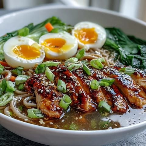 Healthy Miso Chicken Noodle Bowls in a steaming savory broth topped with soft-boiled eggs and sesame seeds.